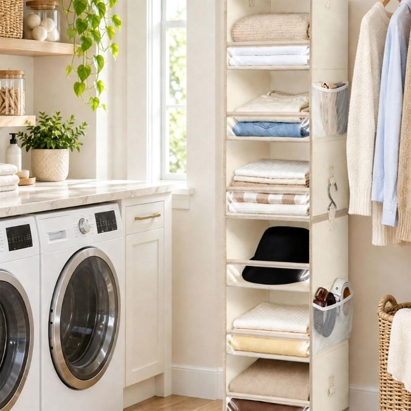 Foldable Hanging Closet Organizers Shelves in Nonwoven Fabric with 3 Storage Levels and a Side Pocket for Small Accessories