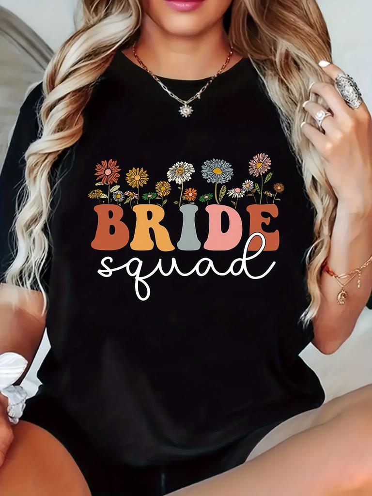 Women's Breathable Polyester Bridal Element Print T-Shirt, Casual Short Sleeve Round Neck, Suitable for Spring and Summer