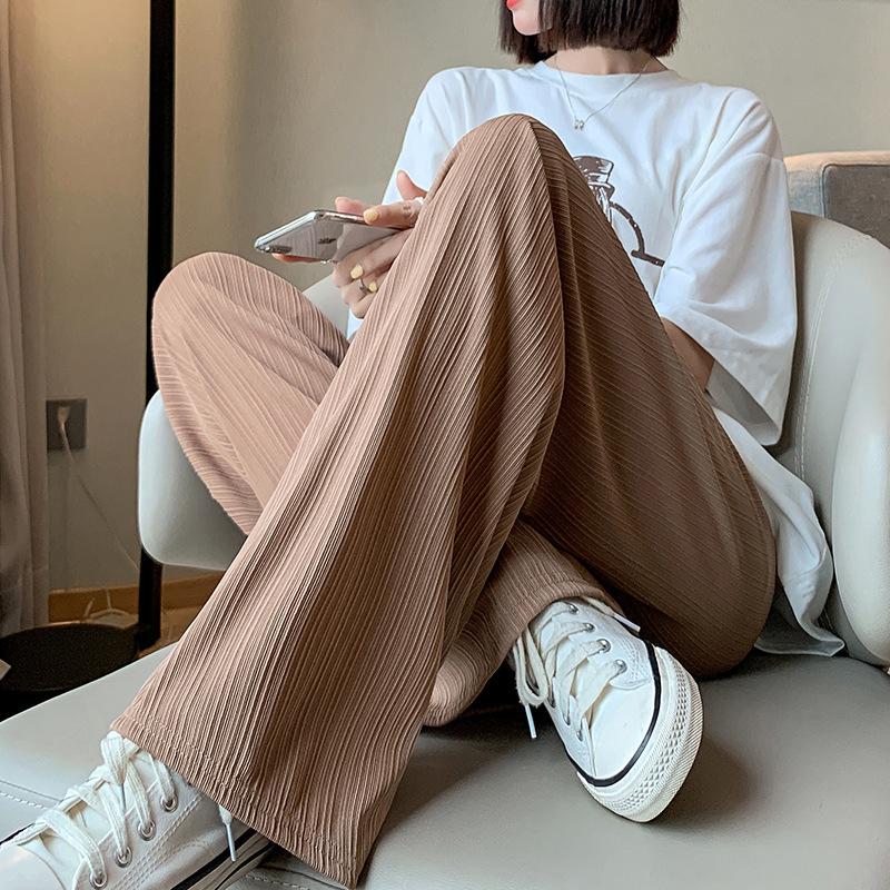 Women's High-Stretch Ice Sliky Fiber Wide-Leg Pants - Thin Striped Casual Trousers with Relaxed Fit, Long Length