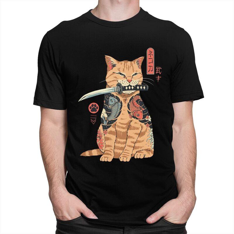 Custom Fashion Funny Japanese Samurai Cat T Shirt Men Tshirt Streetwear Tee Tops Pure Cotton Oversized Tshirts Merch