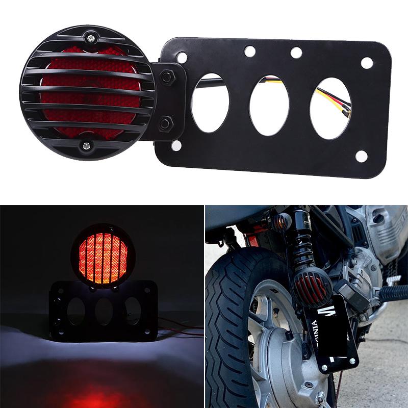 Universal Motorcycle LED Tail Brake Light Side Mount License Plate Bracket Vintage Round Grille Rear Stop Lamp for Harley Sportster Bobber