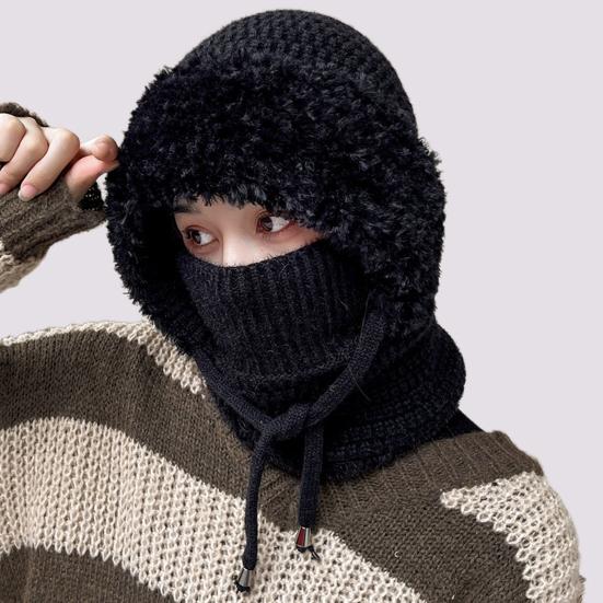 Gestrickte Kopfbedeckung Einfarbig 3-in-1 Damen Strickmütze Schal Gesichtsschutz Winddicht Skifahren Wandern Fleecegefüttert Winter Stirnband