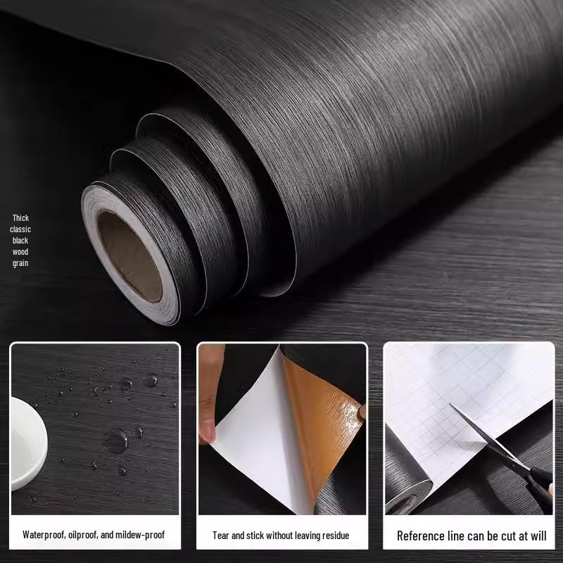 Waterproof Black Wood Grain Self-Adhesive Wallpaper for Light-Blocking and Furniture Renovation