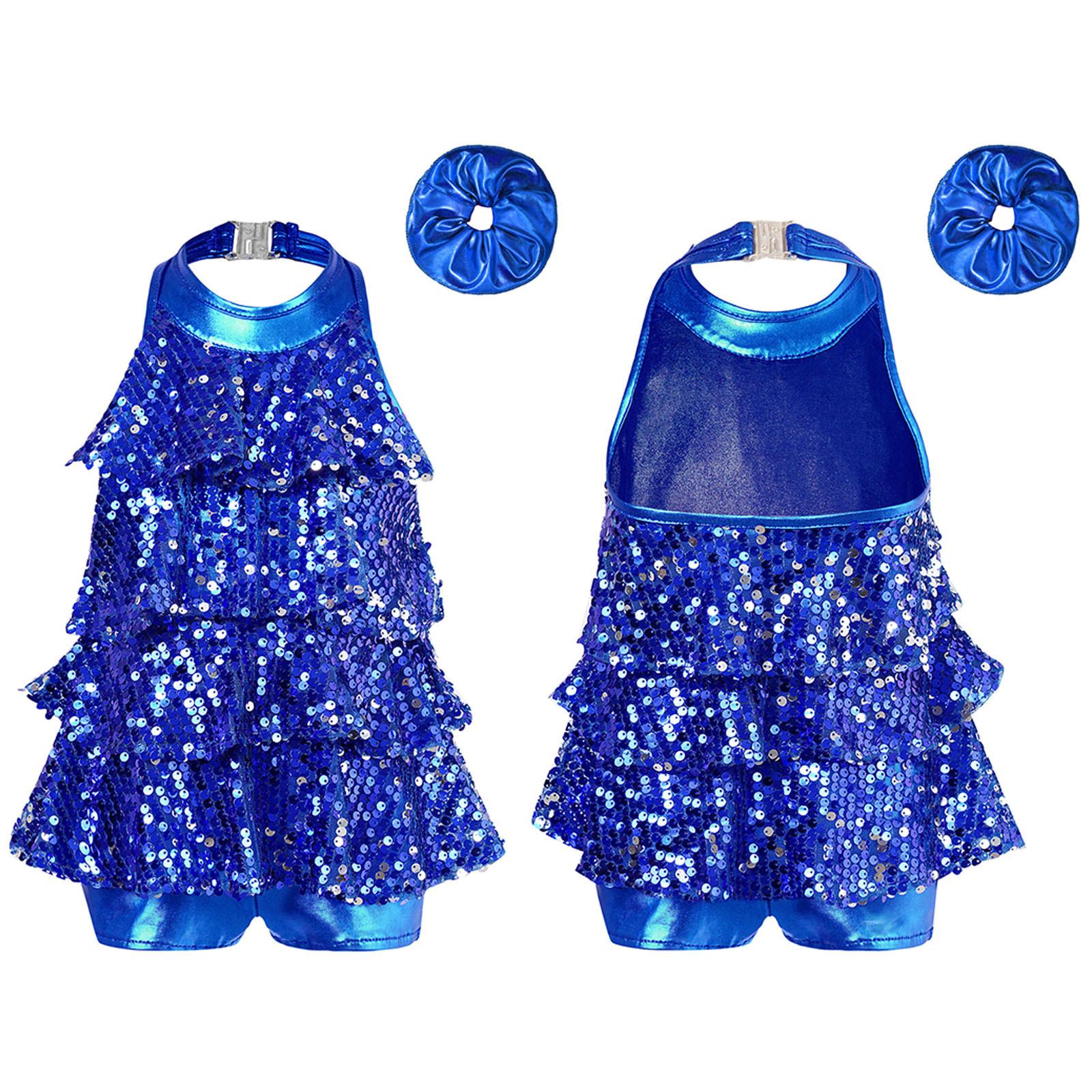 

Kids Jazz Latin Costume Halter Leotard with Shiny Sequins Ruffles Metallic Hair Accessory 11-12 Years королівський синій колір