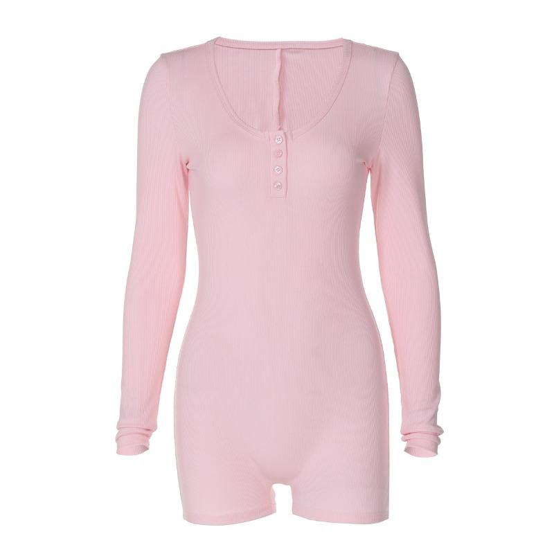 European American Style Ribbed Solid Color U Neck Buttoned Tight Sports Yoga One Piece Jumpsuit