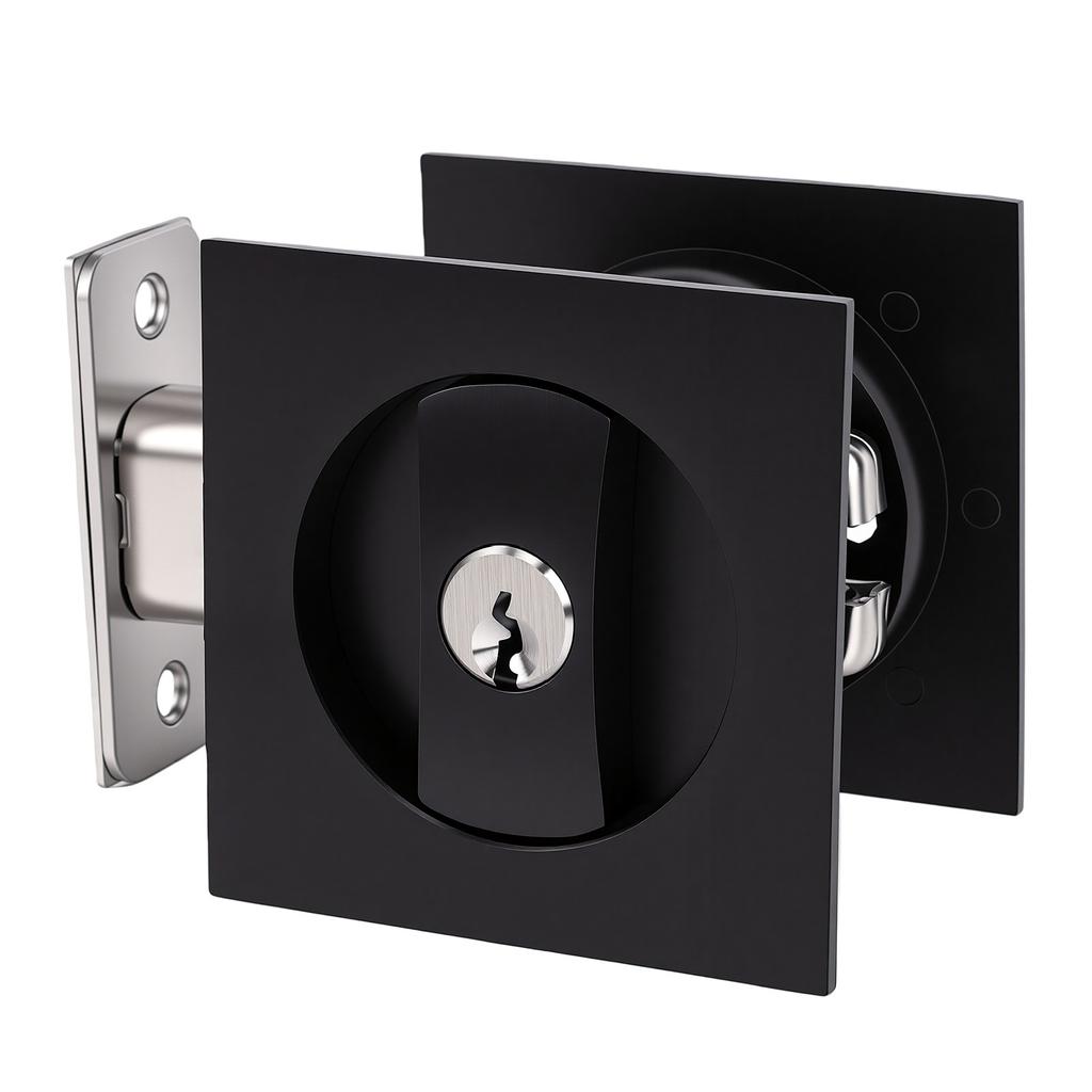 Pocket Door Lock Hardware Set with Indicator Key Privacy Latch for Standard Door 1.37 to 2.3 Inch Thick Matte Black