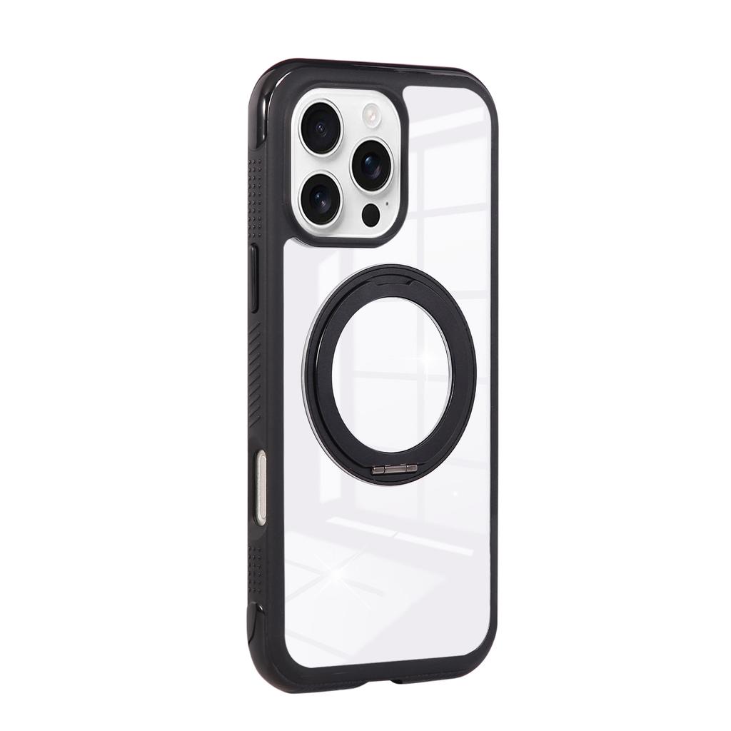 For iPhone 16 Pro Max Magnetic Case Stress Relief Kickstand TPU + PC Transparent Protective Phone Cover