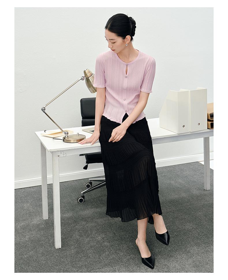 JUZUI Elegant and Simple Curved Pearl Yarn Knitted Shirt for Women Summer New Style JWFX31217