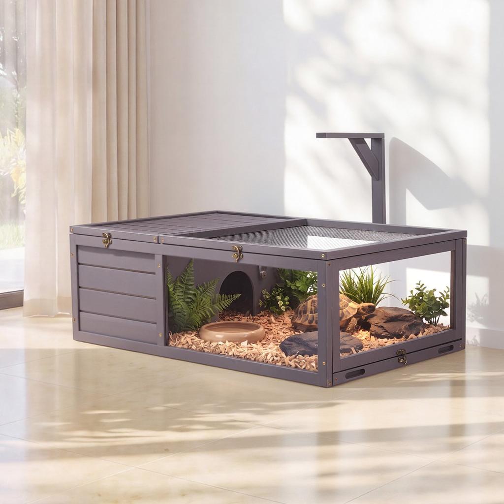 VEVOR Tortoise Habitat 2-Room Wooden Tortoise House with Pull-Out Tray, for Small Animals Indoor Outdoor, Lamp Stand