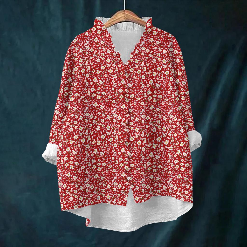 Women's Loose Ruffled Retro Floral Print Stand Collar Long Sleeve Cotton And Linen Top