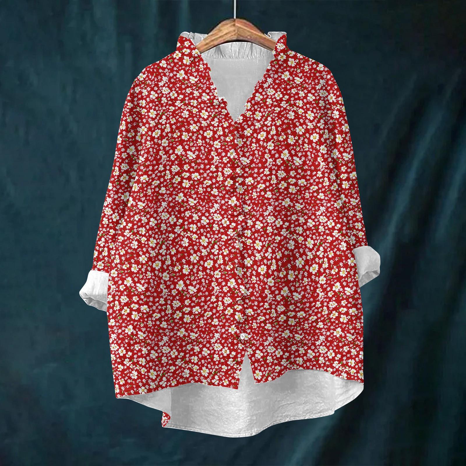 Women s Loose Ruffled Retro Floral Print Stand Collar Long Sleeve Cotton And Linen Top XL