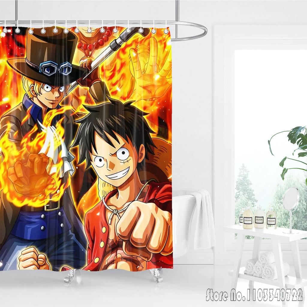 Shower Curtain One Piece Luffy Straw Hat Anime Waterproof Fabric Bathroom Curtain With Hooks, Cartoon Bath Curtain For Home Deco