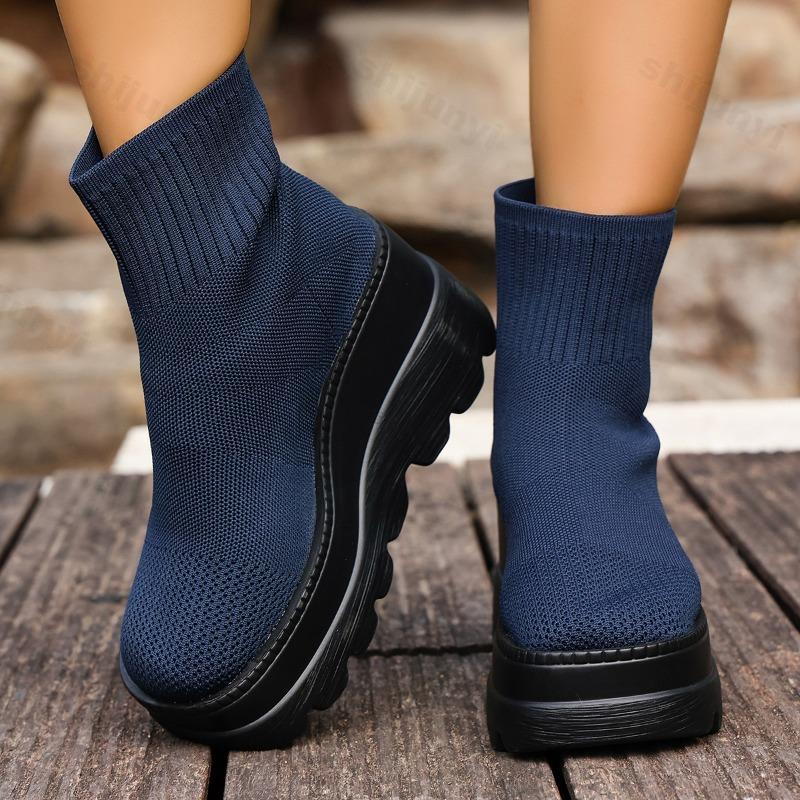Mesh Breathable Wedge Heel Short Sock Boots for Women , Autumn New Fashion Versatile Comfortable Non Slip Chunky Ankle Boots