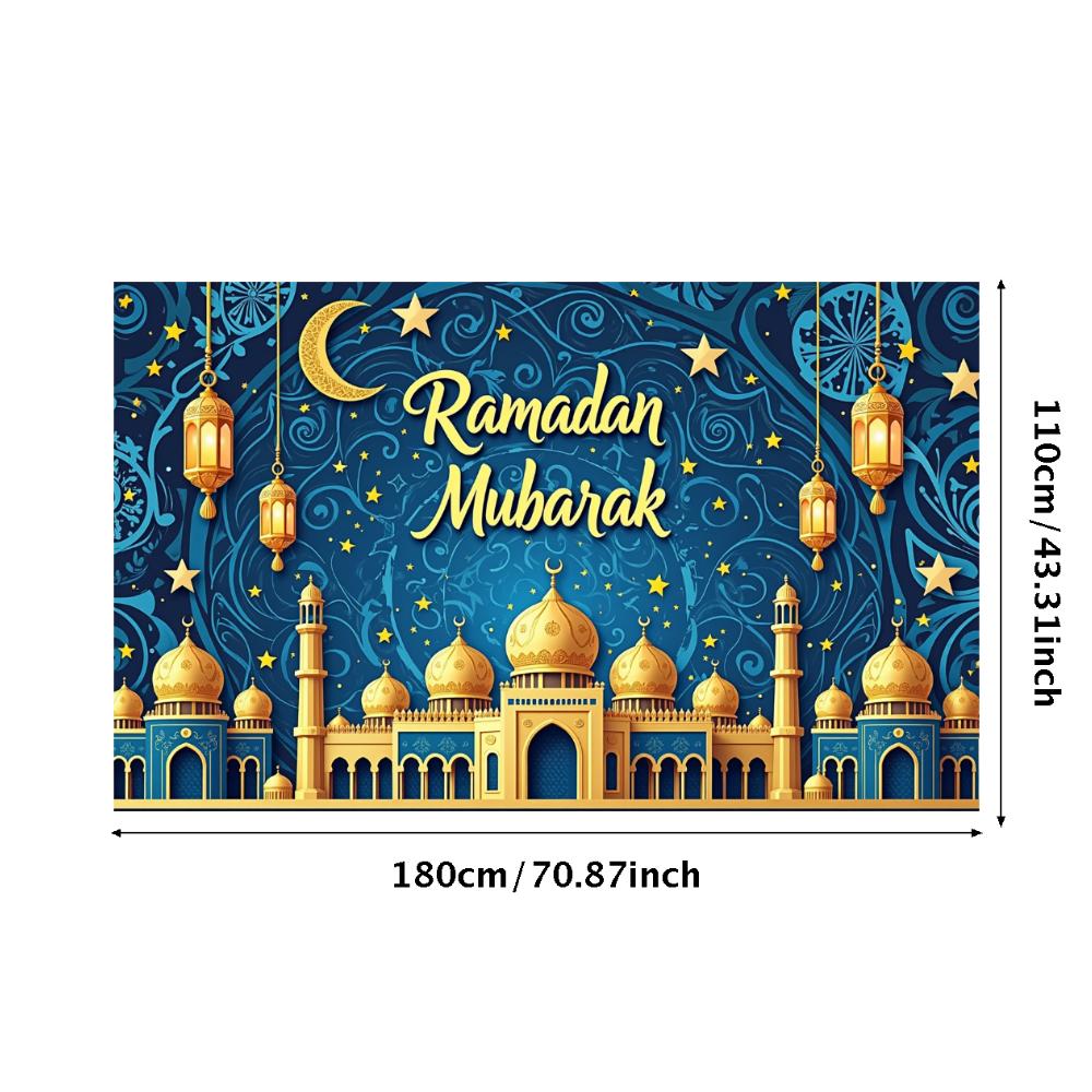 Crescent Moon Banner Blue Background Ramadan Mubarak Banner Ramadan Party Polyester Material Islamic Decoration For Holiday