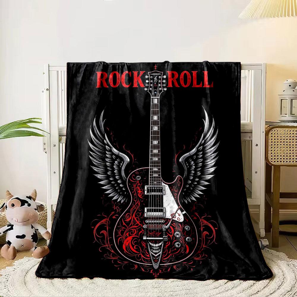 Electric guitar with wings, red floral patterns, and "Rock Roll" text. for all seasons blanket lunch break throw gift