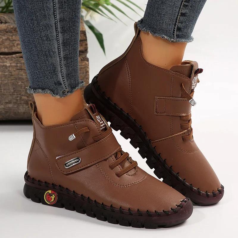 Fashion Brown PU Leather Flat Ankle Boots for Women 2024 Trend Lace Up High Top Sneakers Woman Comfy Soft Sole Casual Shoes Botas Mujer
