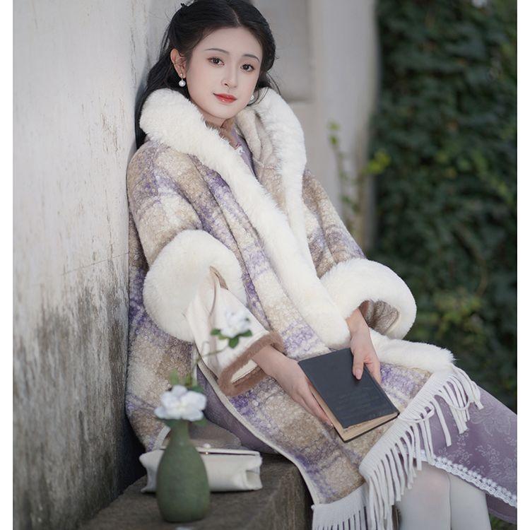 Long Cape Shawl with Cheongsam Outerwear Fleece-lined Thickened Jacket Tassel Top