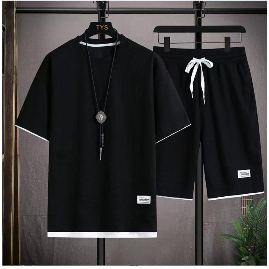 Waffle Short Sleeve Summer Casual Sports Men's Round Neck Sweatshirt Set Men T-shirt Shorts Two-piece Sets Male