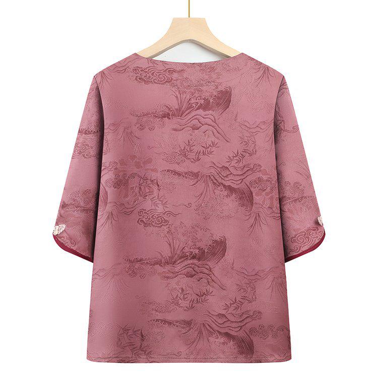 Embroidered Loose Stand Collar Shirt for Plus Size Mature Women