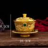 Brass Tea Set: Three-Piece Set with Tea Lid Bowl, Five Bulls Lid Bowl, Hundred Blessings Lid Bowl, Dragon & Phoenix Embossed Tea Bowl