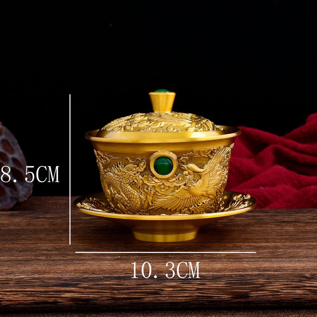 Brass Tea Set: Three-Piece Set with Tea Lid Bowl, Five Bulls Lid Bowl, Hundred Blessings Lid Bowl, Dragon & Phoenix Embossed Tea Bowl