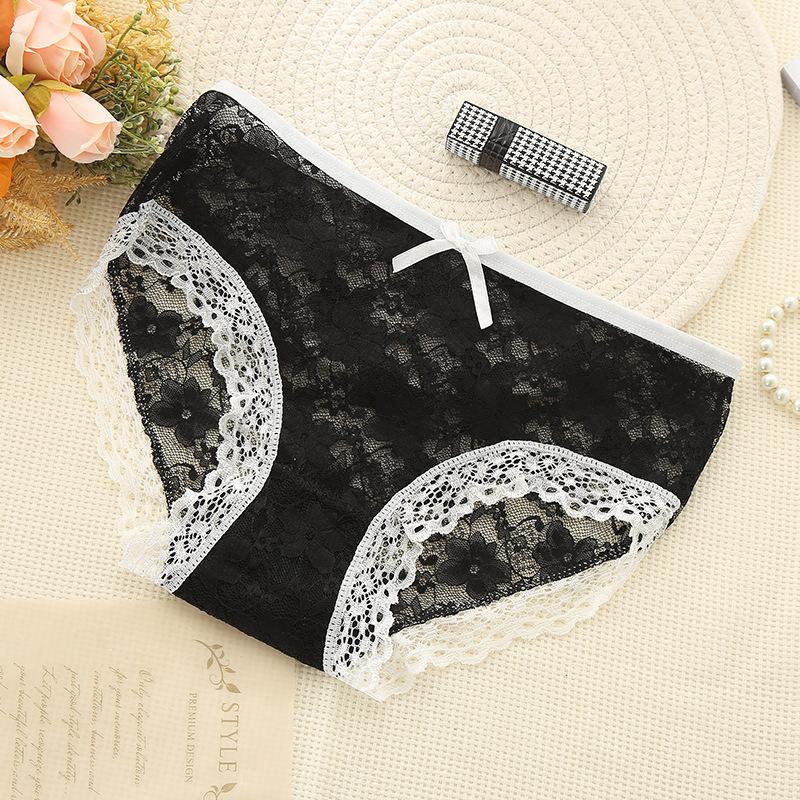 

Кружевные трусики с бантиком, жаккардовые сетчатые кружевные трусики для женщин, сетчатые контрастные цветные женские трусики, прозрачные трусики XL чёрный