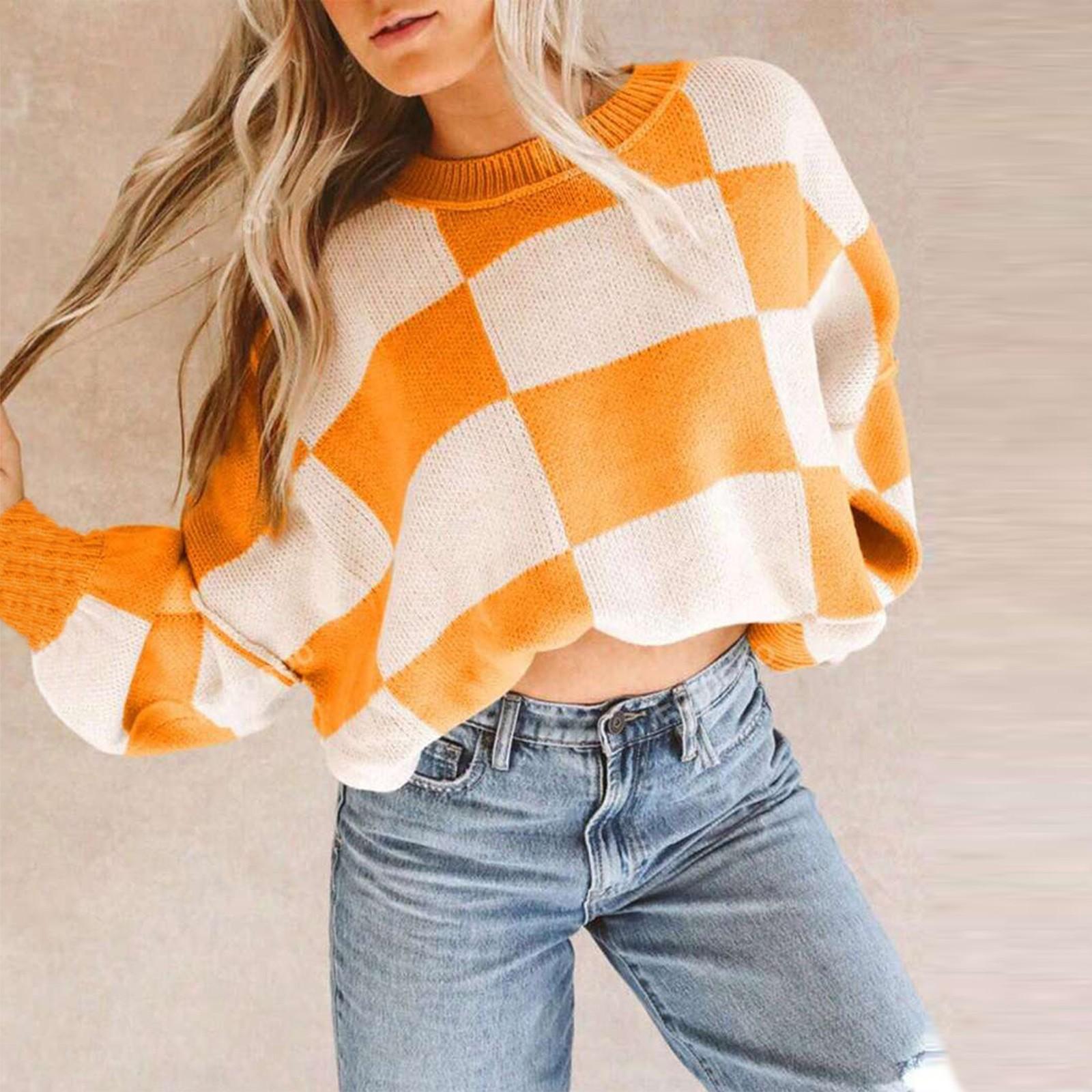 

Женский новый контрастный клетчатый свитер осень-зима свободный ленивый стиль сращивания свитер S оранжевый