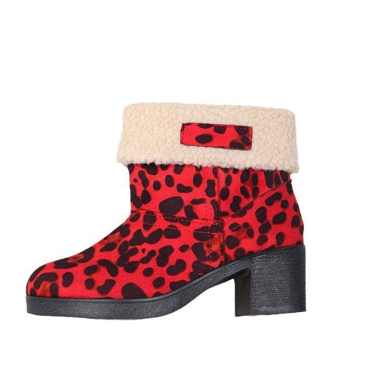 High Heel Coarse Heel Snow Boots Women's Autumn and Winter 2024 New Fleece Thickened Fleece Leopard Print Snow Boots Cotton Boots