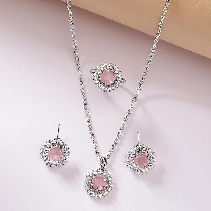 Silver Plated Luxury American Diamond Heart Crystal Pendant Ring & Earrings Combo Jewellery Set For Women