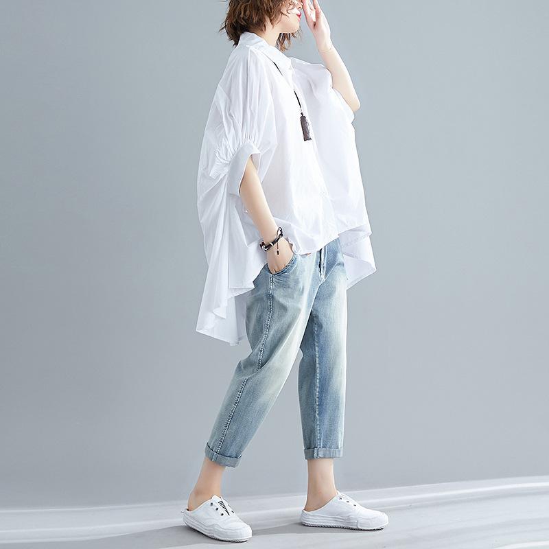 

Summer Loose and Versatile Fashion Shirt with Short Front and Long Back one size белый
