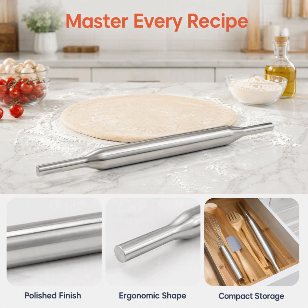 Silver Rolling Pin 304 Stainless Steel Dough Roller Durable Pizza Dough Roller  Bakery Pizzeria