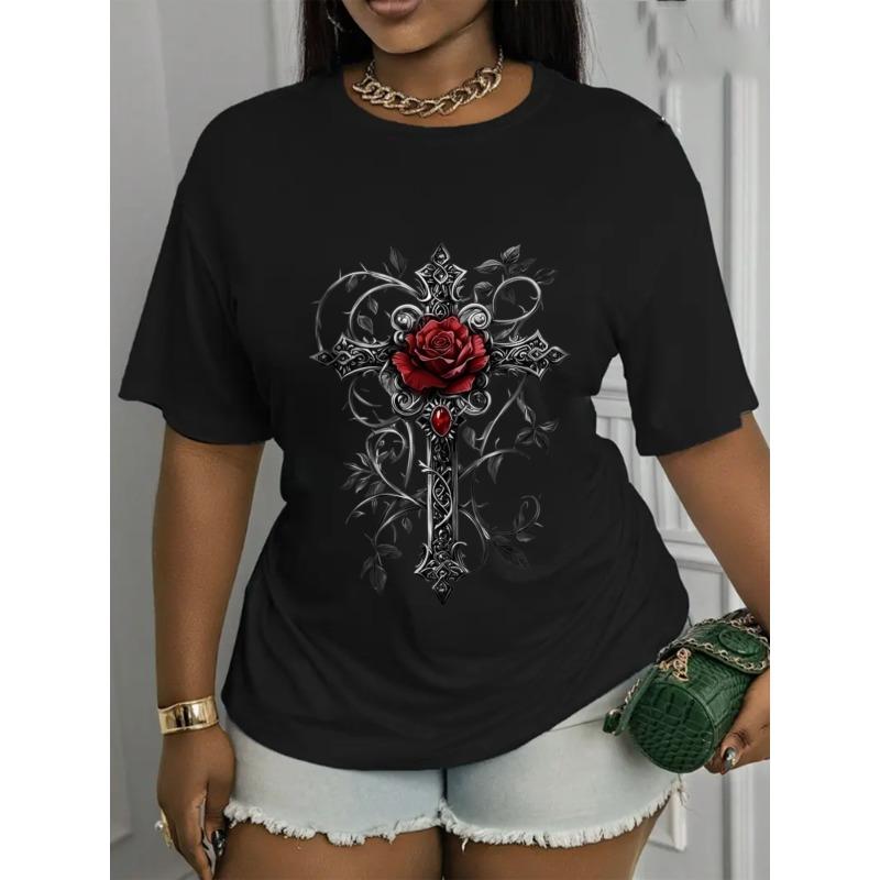 

European Size Gothic Rose Cross Print, Casual Spring/summer T-shirt, Machine Washable, Stylish Base Layer, for Holidays and Festivals,Versatile 4XL