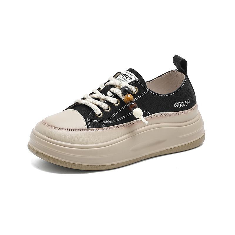 Retro Cowhide Little White Shoes Women's New Versatile Casual Muffin Board Shoes Lightweight Thick-soled Heightening Shoes Women