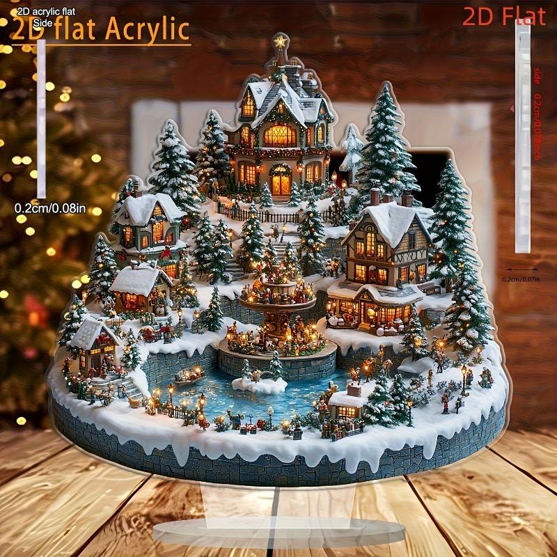

2D Flat Bohemian Style Acrylic Christmas Village Tabletop Decoration, Lights, Trees, and Figures, Suitable for wall decoration, porch, room, villa, ac 15*13.5CM