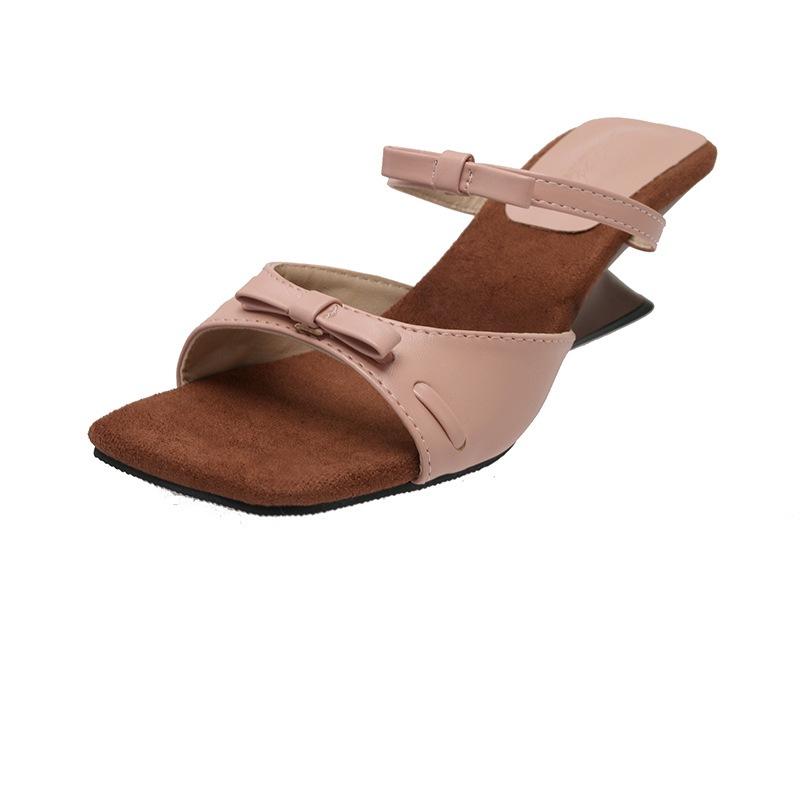 Silver bow wedge sandals women's summer wear 2025 new square head cool slippers with skirt high-heeled slippers
