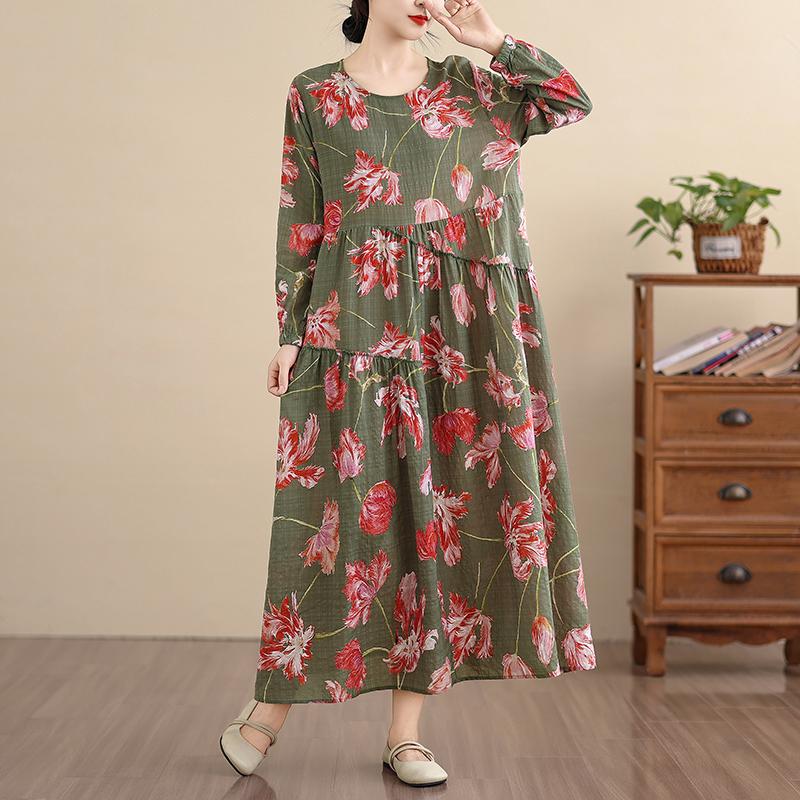 DIMANAF New 2026 Women Vintage Plus Size Spring Summer Long Dress Loose Oversize Long Sleeve Maxi Floral Print