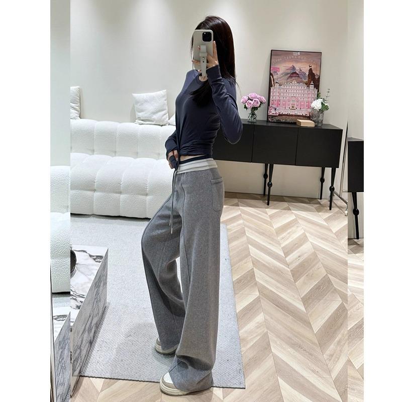 Wide-leg pants women's spring and autumn new high-waisted drawstring loose and thin versatile mopping straight casual pants