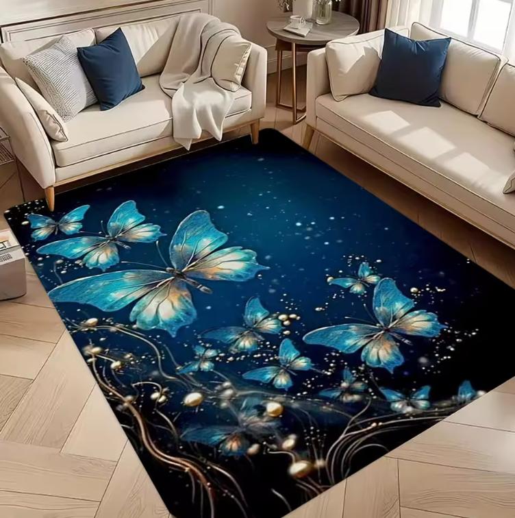 Living Room Rug Deep Blue Butterfly Diamond Luxury Theme Carpet Non-Slip Easy Clean Blue Tone Luxury Romantic  Home Decor Mat
