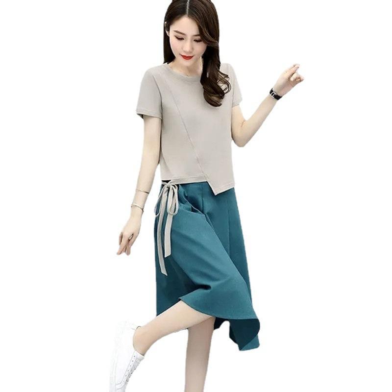Women's Suit Summer Fashion T-shirt Skirt Two-piece Korean Elegant Loose Short-sleeved Midi Skirt Set Female Clothing