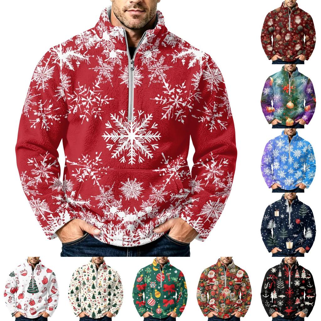 Men's Christmas Print Flannel Zip-Up Sweatshirt with Stand Collar, Plus Size Casual Top for Fall Winter