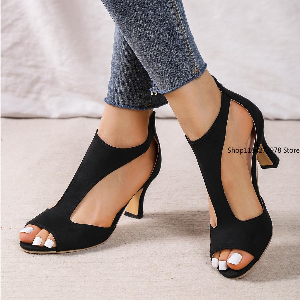 Mode Übergröße 43 Sandalen mit Absatz Damen Neu Einfach Reißverschluss hinten Peep-Toe High Heels Damenschuhe Sommer Mode Stiletto Damen Sandalen