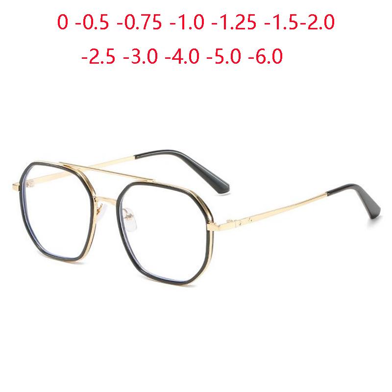 Doppelbalken Metall Polygon Finish Myopie Brille Damen Herren Literarischer Student Korrekturbrille Dioptrie 0 -0,5 -1,0 Bis -6,0