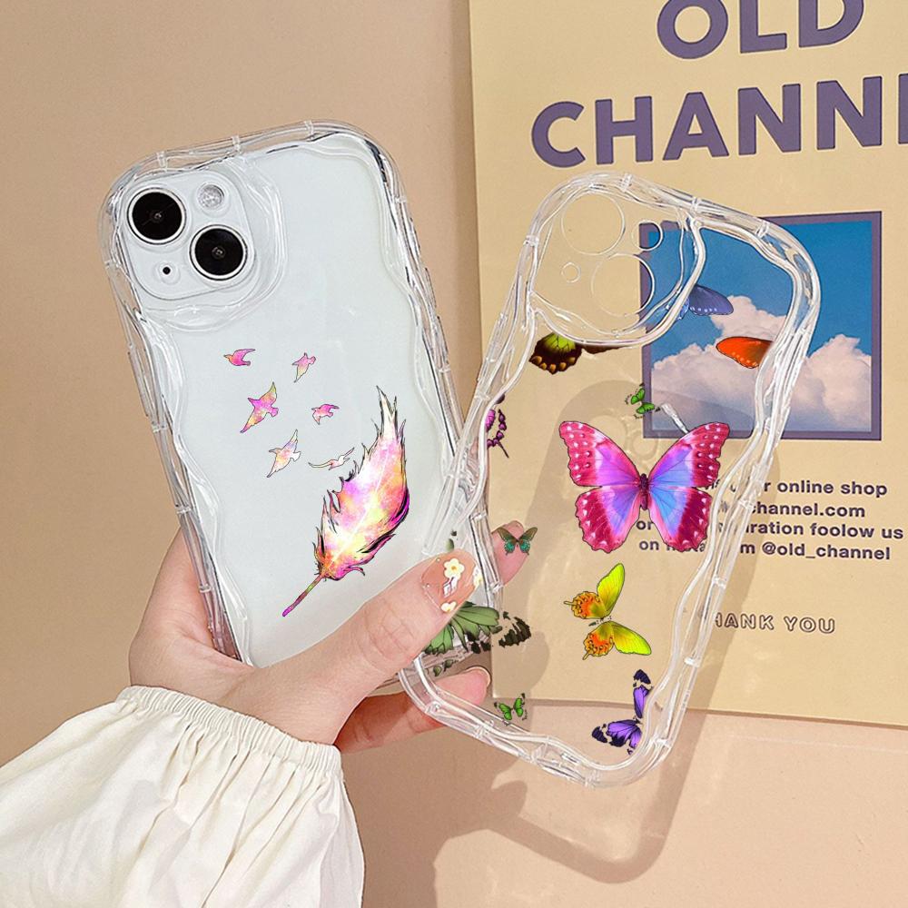 N76 Butterfly Soft Wavy Phone Cases for Samsung A54 A34 A13 A14 S23 S24 Ultra Xiaomi Redmi Note 13 12C Realme Infinix Protective Bumper Cover