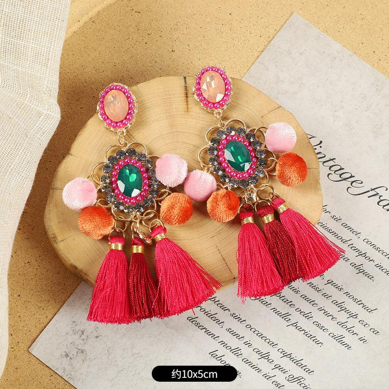 Pompom Earrings Women's Long Personalized Colored Hairball Stud Earrings Vintage Bohemian Vacation Fringed Earrings