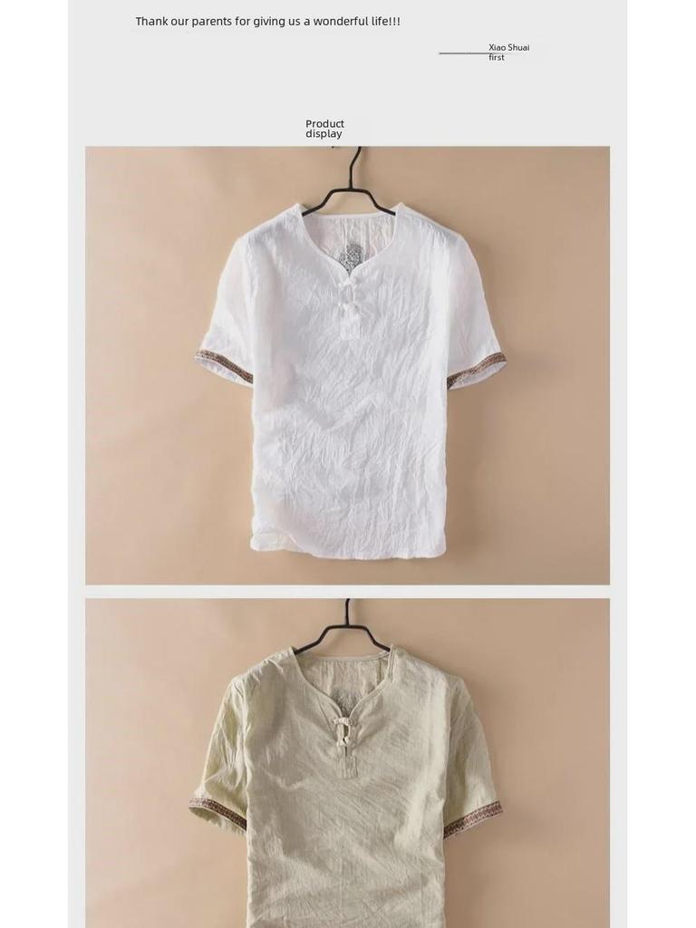 Herren-T-Shirt mit kurzen Ärmeln und chinesischem Knopfmuster aus Leinenimitat