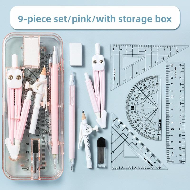 

9pcs Math Geometry Set,Ruler Protractor Compass with Pencil Sharpener Eraser,Essential Drawing Tools for Student School Supplies рожевий