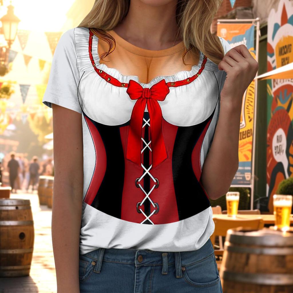 Women Casual Pullover T Shirt Oktoberfest Print Short Sleeve Crew Neck Top Lightweight Comfortable Fit Summer Tee