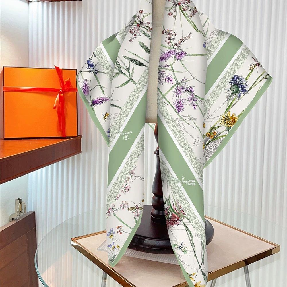 90x90cm High-quality Twill Silk Tourist Scarfs Ladies Floral Square Shawl and Scarf Dragonfly Bandana Hijab Foulard