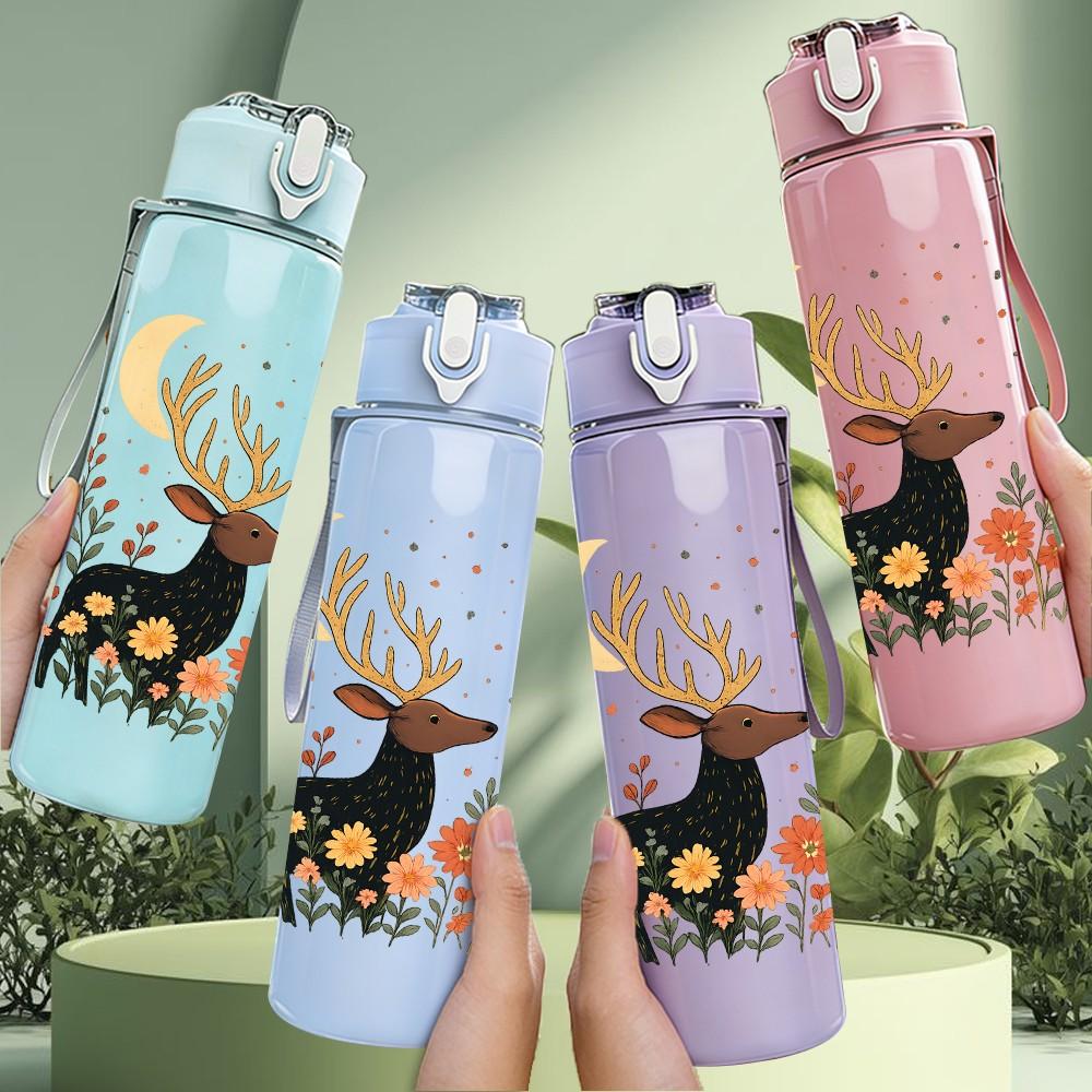 1PC Autumn Floral Stag Deer 750ml Color Plastic Sports Water Bottle Leakproof Flip Straw Lid Suitable for Sports Office Home Use