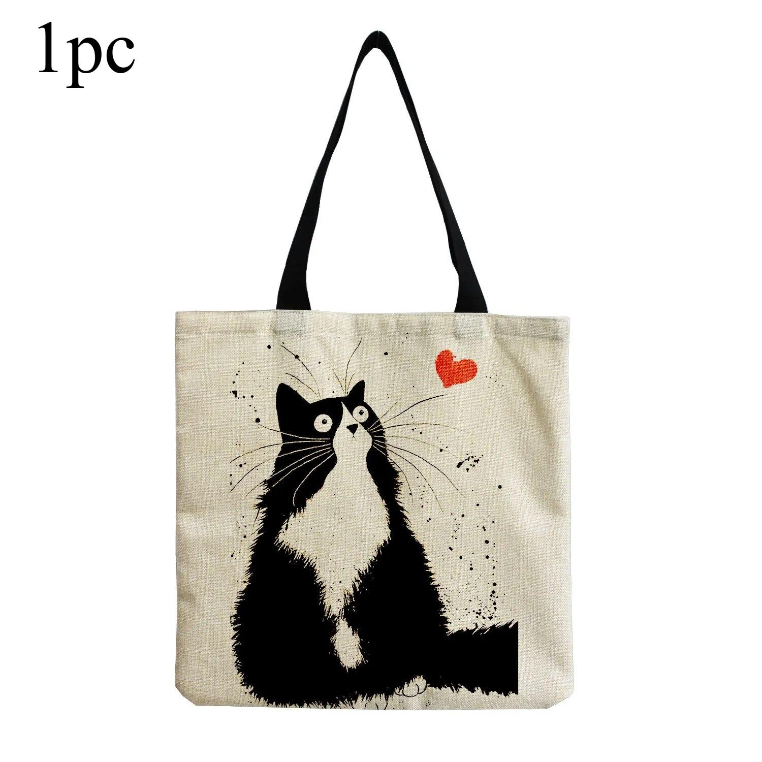 

1 шт. Холщовая сумка-тоут для женщин Эстетичная Милая кошка Для покупок Многоразовая Школьная с внутренним карманом на молнии Подарок Холщовая сумка-тоут 1pc